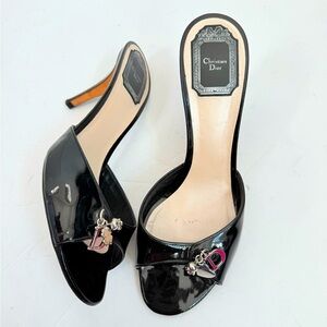 Dior Black Patent Leather Open-Toe Heels with Silver & Pink 'D' Charms